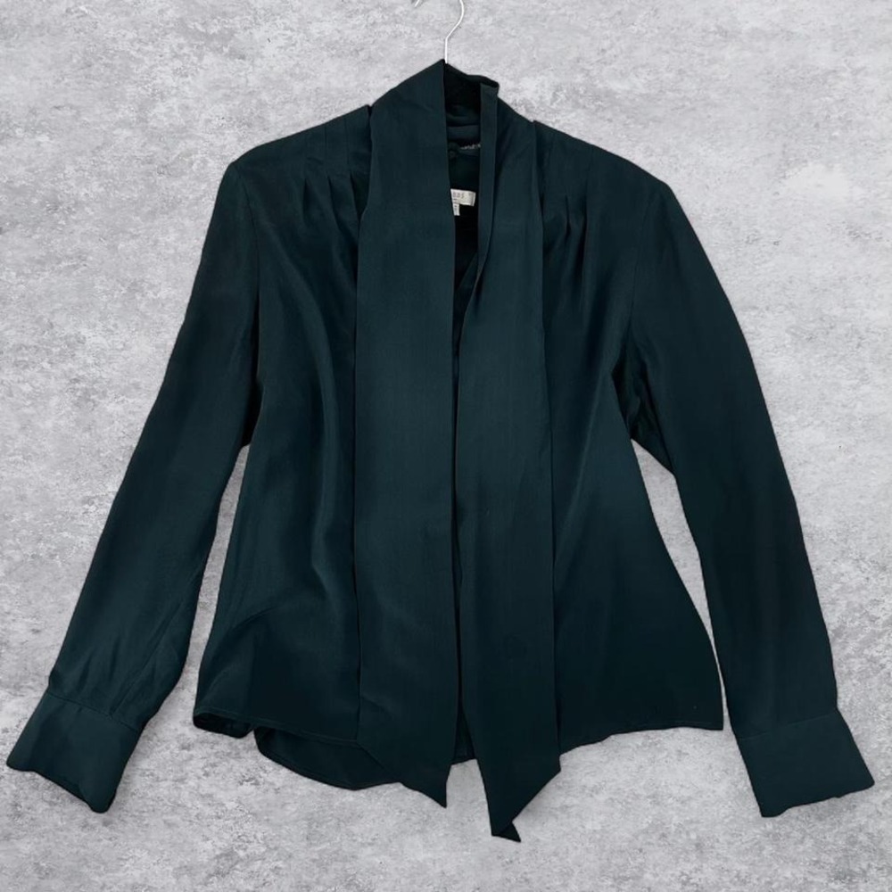 Hobbs London Luxurious Mimi Silk Blouse in Dark Green Tie Up Bow / Scarf Size 10